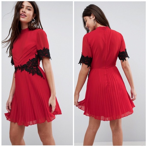 ASOS Dresses & Skirts - 💗ASOS Red Black Lace Waist & Cuff Pleated Dress